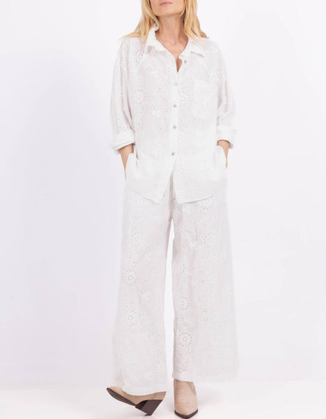 Italy Wide cotton pants with 3D embroidery: White