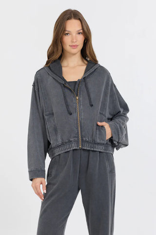 WASHED CHARCOAL GARMENT DYE FRENCH TERRY ZIP UP HOODIE
