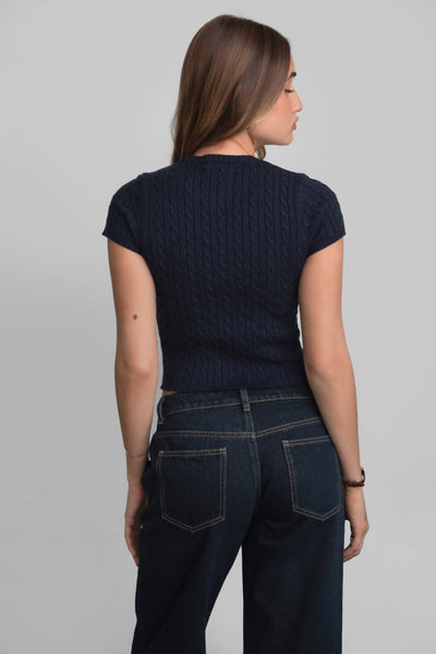 LAURENI Preppy Cable Knit Short Sleeve Top Sweater in Navy