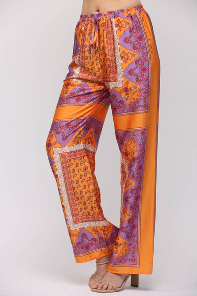 PAISLEY HANDKERCHIEF PRINT WIDE LEG PANTS LAVENDER/TANGERINE