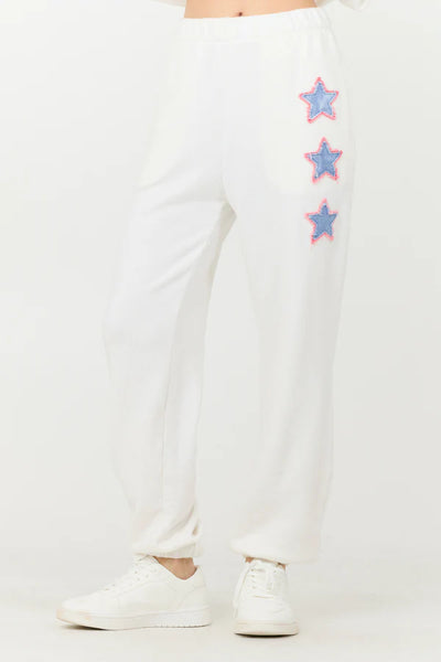 WHITE W/ BLUE APPLIQUE FRENCH TERRY JOGGERS Usa