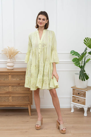 Mid-length dress in embroidered cotton voile with sequins: Yellow / One size