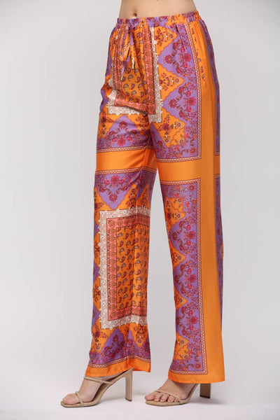 PAISLEY HANDKERCHIEF PRINT WIDE LEG PANTS LAVENDER/TANGERINE
