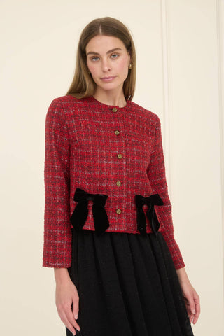 PLAID TWEED VELVET BOW JACKET