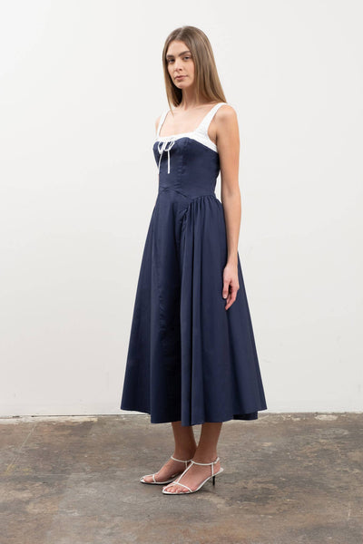 ELASTIC STRAPS FRONT TIE CONTRAST MIDI DRESS: NAVY