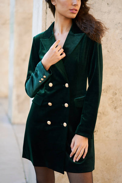 Velvet Double Breasted Blazer Dress in Bottle Green