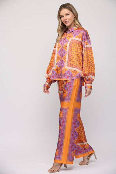 PAISLEY HANDKERCHIEF PRINT WIDE LEG PANTS LAVENDER/TANGERINE