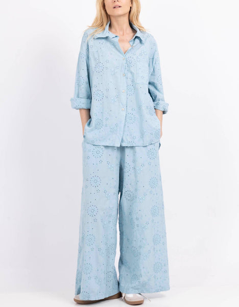 Italy Wide cotton pants with 3D embroidery: White