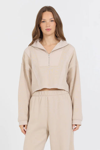 VANILLA CREAM COTTON BLEND FLEECE QUARTER ZIP RIB NECK