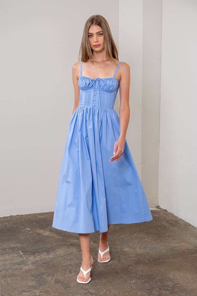 SPAGHETTI STRAP CORSET DETAIL MIDI DRESS IN LIGHT BLUE Posch Boutique SPAGHETTI STRAP CORSET DETAIL MIDI DRESS IN LIGHT BLUE Posch Boutique