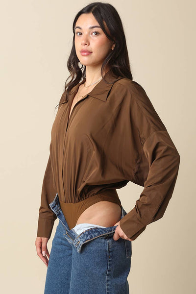 Brooki Collared Bodysuit: Brown