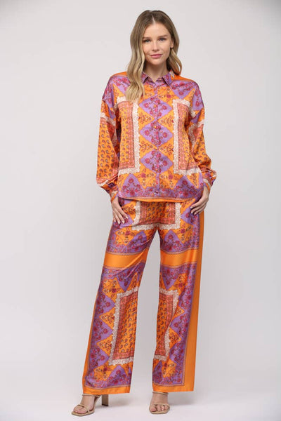 PAISLEY HANDKERCHIEF PRINT WIDE LEG PANTS LAVENDER/TANGERINE