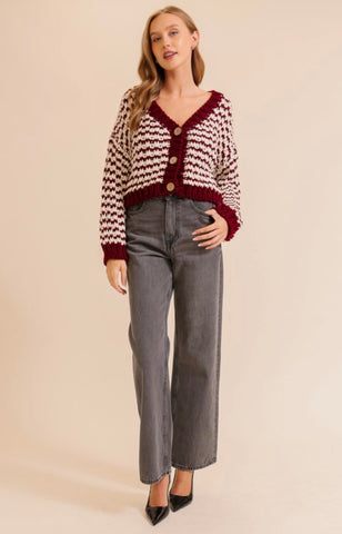 Burgundy Knit Stripped Sweater Cardigan