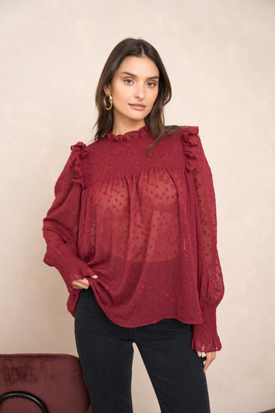 Burgundy Leopard Sheer Blouse