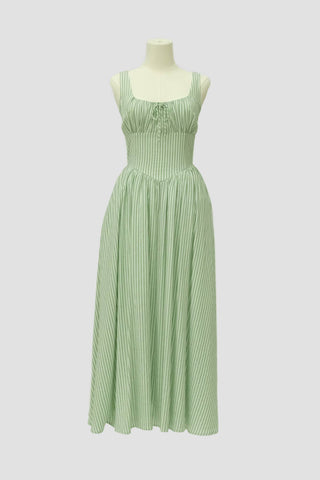 STRIPE CORSET FRONT TIE SLEEVELESS MIDI DRESS IN SAGE