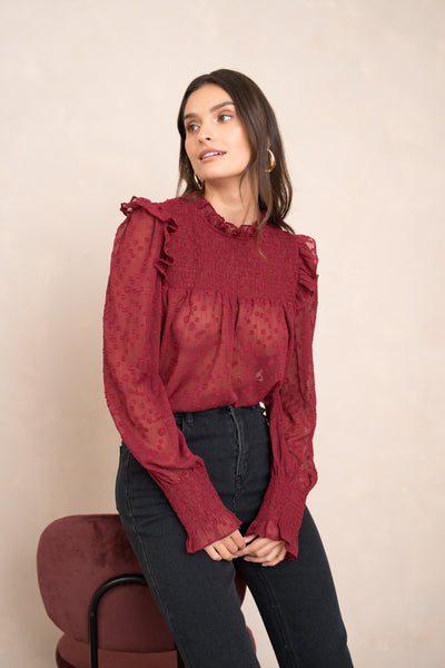 Burgundy Leopard Sheer Blouse