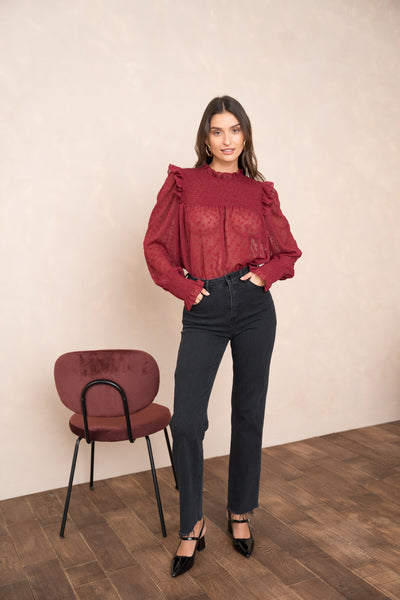 Burgundy Leopard Sheer Blouse