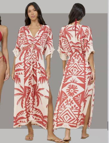 Red & cream maxi cover up dress