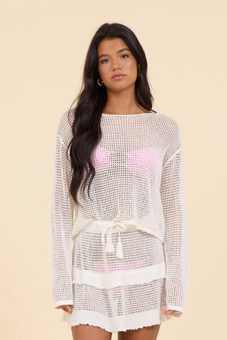 White Mesh Knit Long Sleeve Top