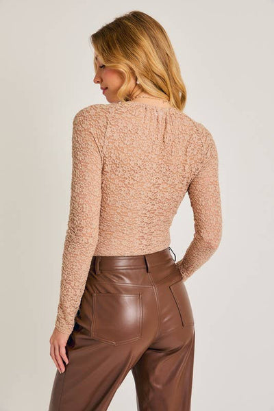 Scoopped Neck Long Sleeve Front Tie Lace Bodysuit: Taupe