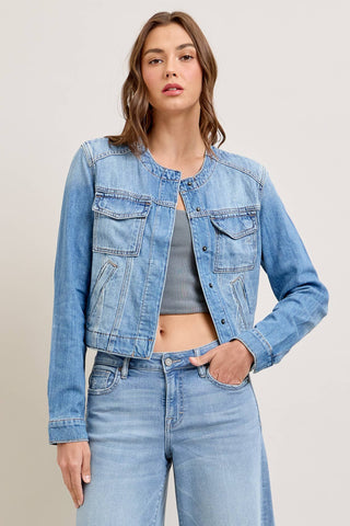 Hidden Collarless Denim Jacket