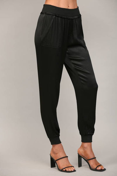 TEXTURED SATIN JOGGER PANTS Black