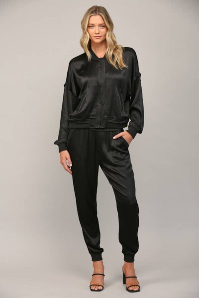 TEXTURED SATIN JOGGER PANTS Black