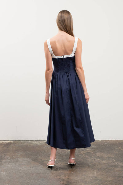ELASTIC STRAPS FRONT TIE CONTRAST MIDI DRESS: NAVY
