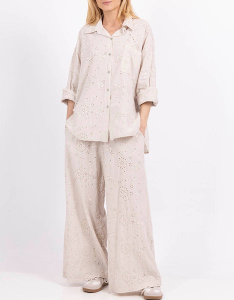 Italy Wide cotton pants with 3D embroidery: White