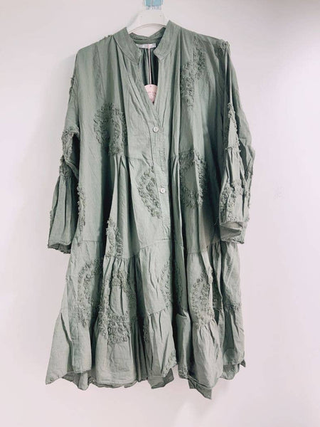 Round pattern embroidery mini dress : Brazil green