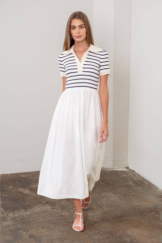 STRIPE COLLAR MIX MEDIA MIDI DRESS