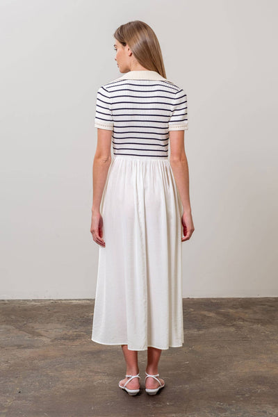 STRIPE COLLAR MIX MEDIA MIDI DRESS