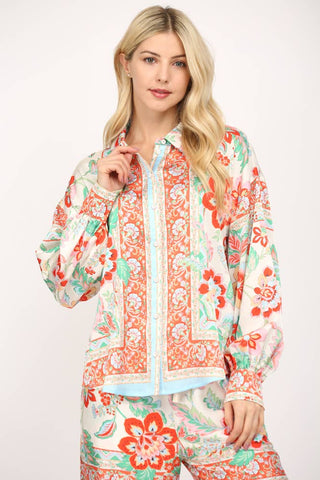SCARF PRINT SATIN BUTTON DOWN SHIRT