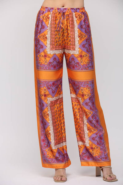 PAISLEY HANDKERCHIEF PRINT WIDE LEG PANTS LAVENDER/TANGERINE
