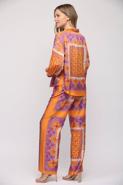 PAISLEY HANDKERCHIEF PRINT WIDE LEG PANTS LAVENDER/TANGERINE