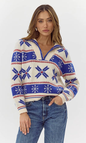 Nixie Collard Ribbed Knit Sweater: Cobalt-Ivory