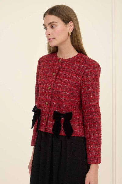PLAID TWEED VELVET BOW JACKET