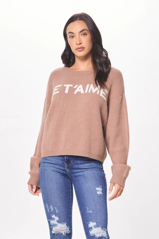 MOCHA W/ IVORY "JE T'AIME" JACQUARD CREWNECK SWEATER