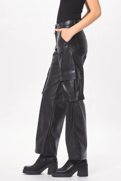 BLACK FAUX LEATHER CARGO PANT