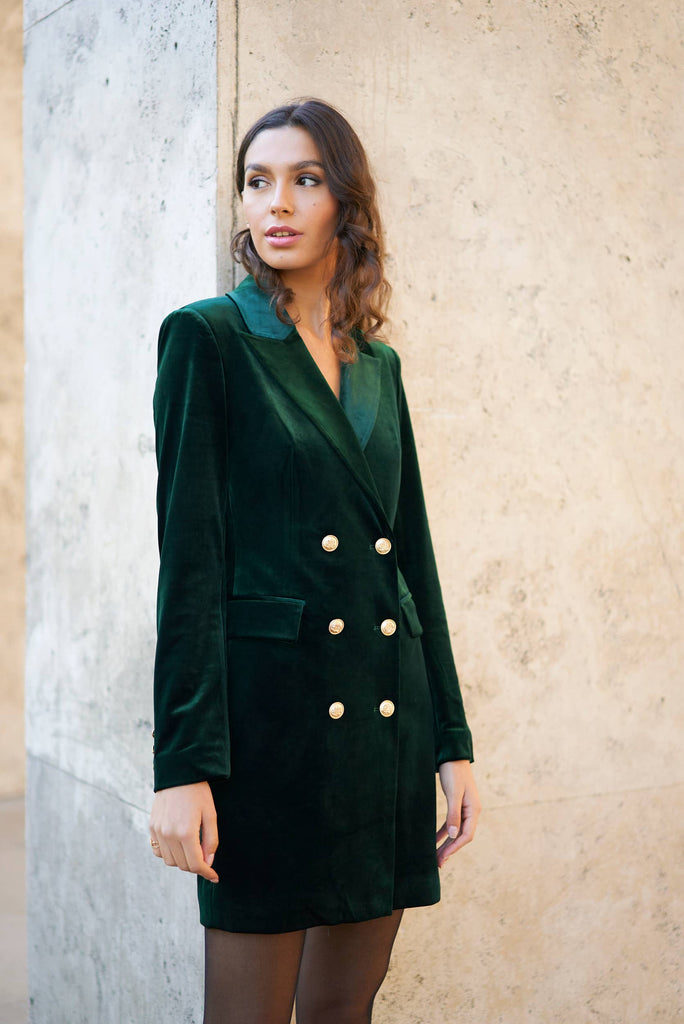 Velvet Double Breasted Blazer Dress in Bottle Green Velvet Double Breasted Blazer Dress in Bottle Green